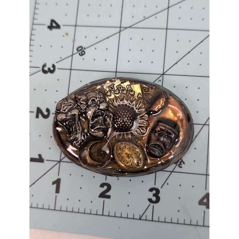 Oden Art Nouveau Mixed Media Belt Buckle Bronze Sunflower Face Moon Clock